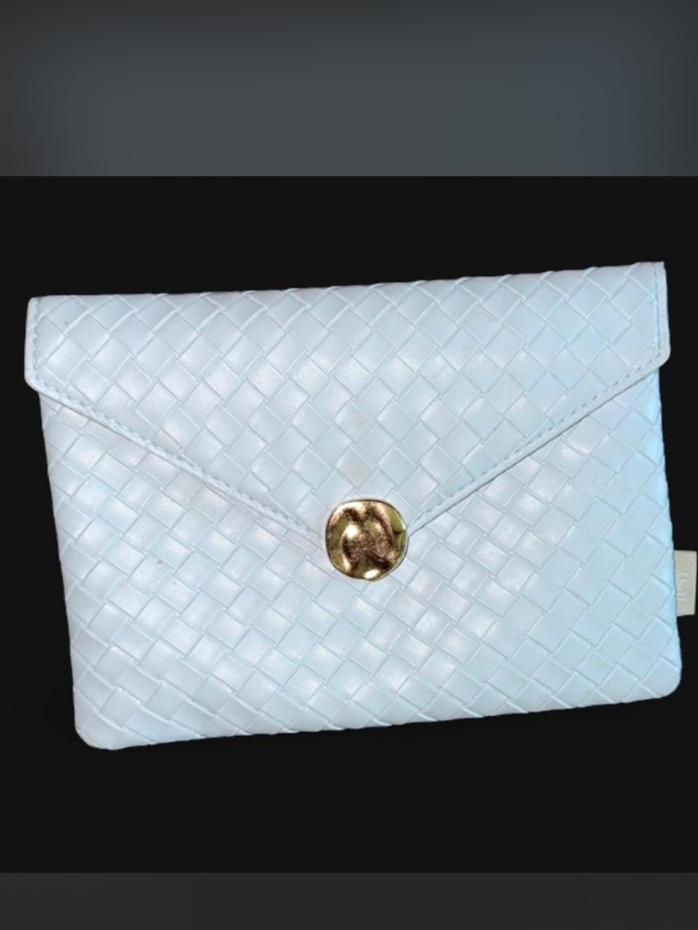 Woven Envelope Clutch — White with Gold Button
